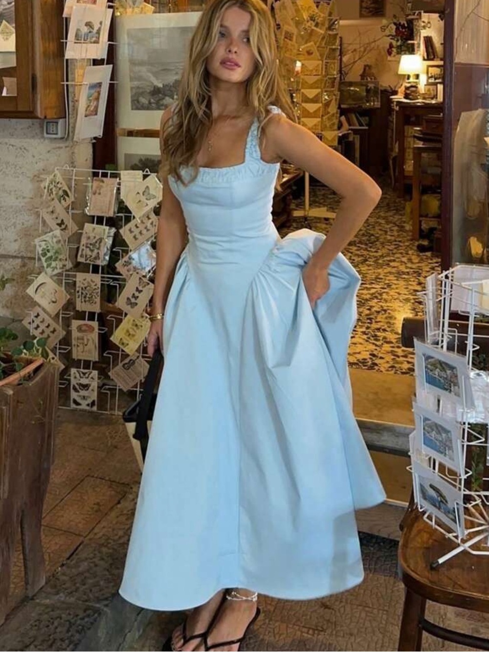 Elegant Light Blue Square-Neck Midi Dress